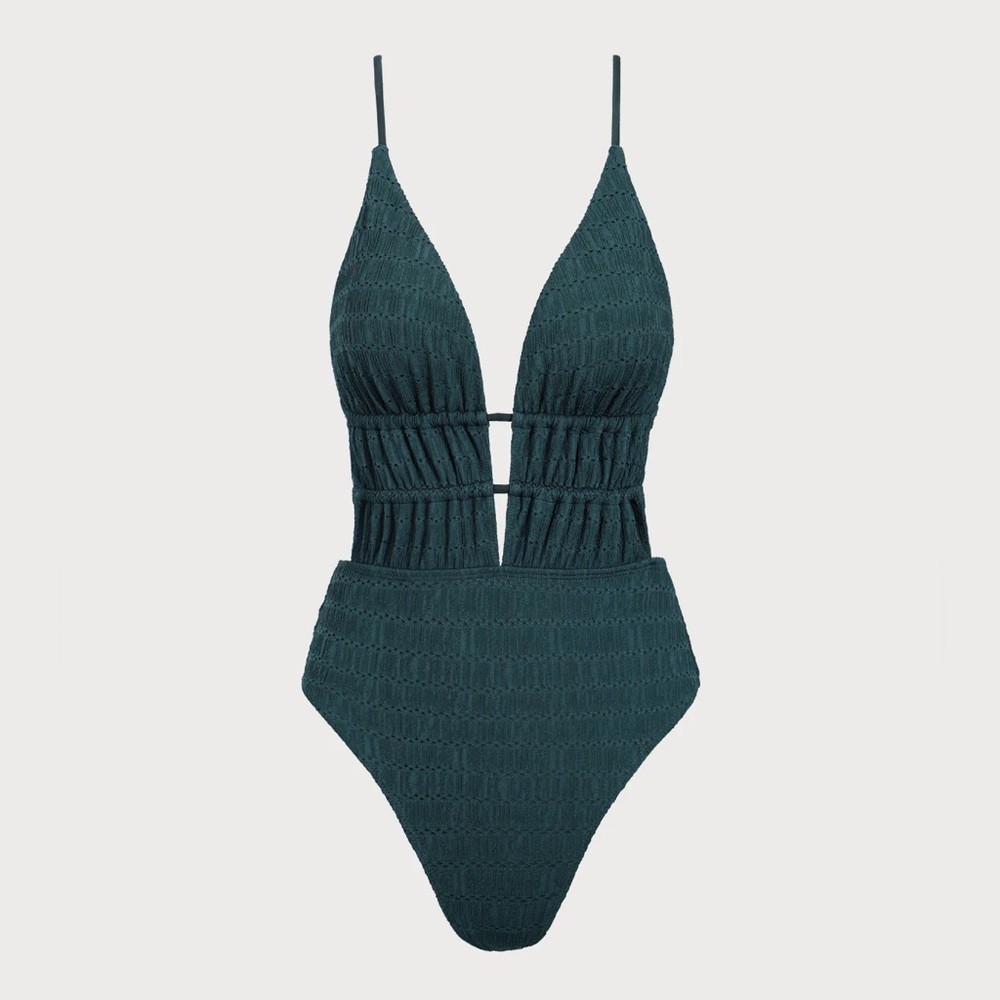 Berlook Dark Green Textured Plunge One-Piece Swimsuit - Picture 6 of 9